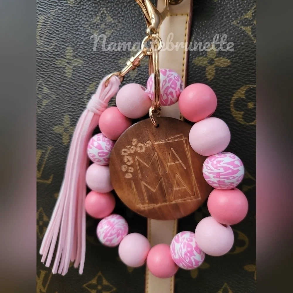 Wooden Beaded Mama Keychain Bag Charm With Pink Tassel